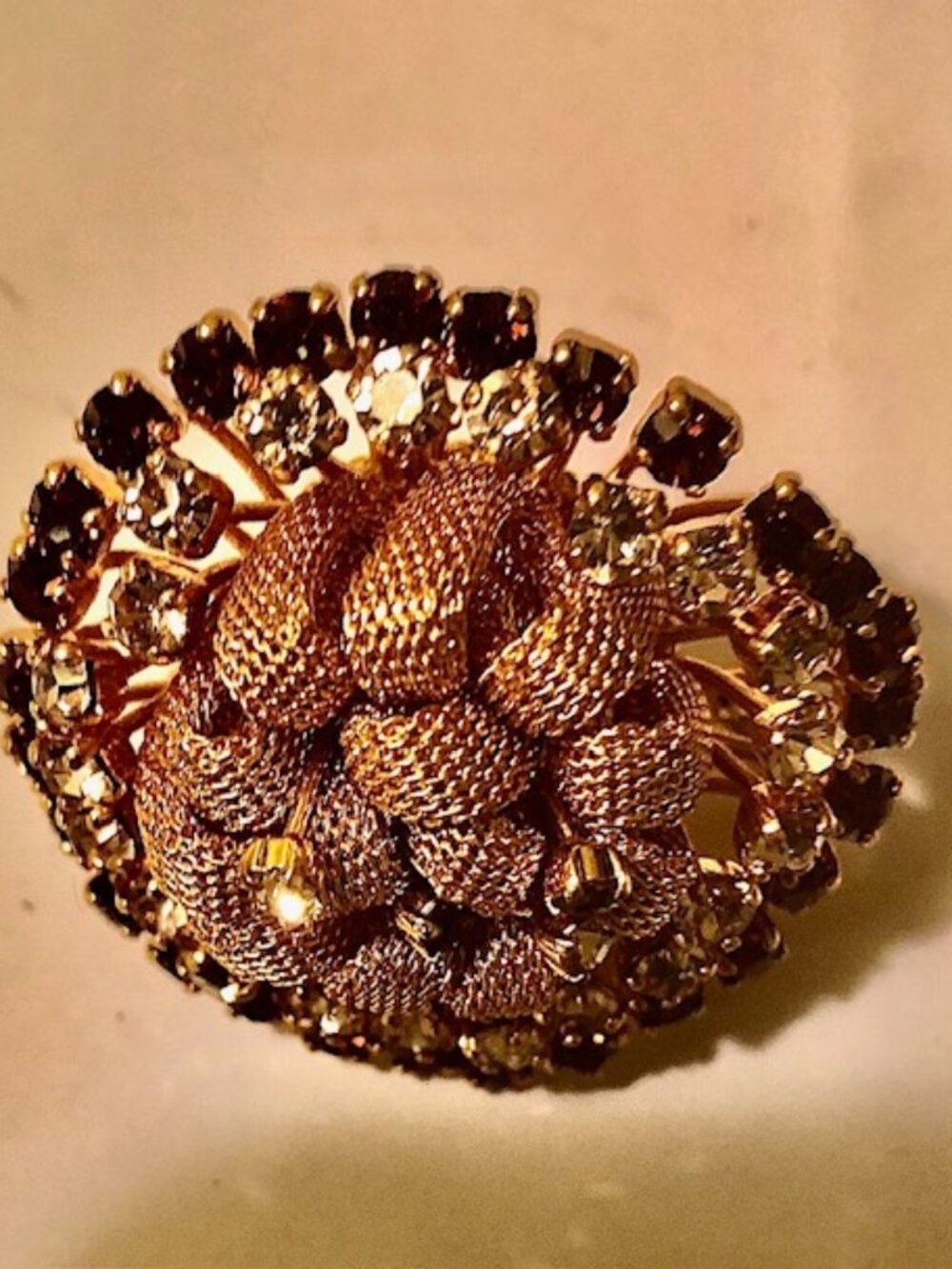 Elegant Vintage Oval Garnet Rhinestone & CZ Brooch on a Bed of Gold